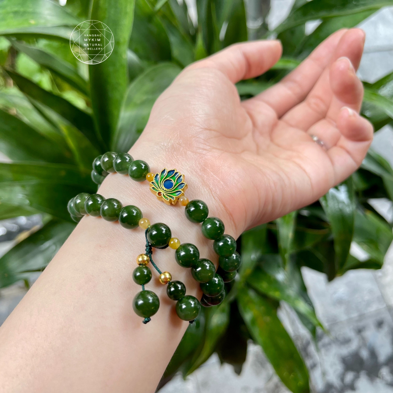 Vòng Ngọc Bích Nephrite mix Hoa Sen Vàng ✨ Trang Sức Phong Thủy Tài Lộc & Bình An