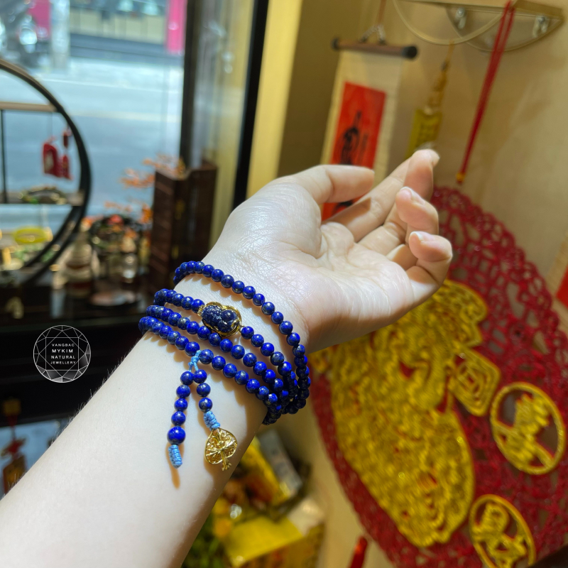 Chuỗi đá Lapis Lazuli mix Tỳ Hưu Sapphie xanh - Vàng tây