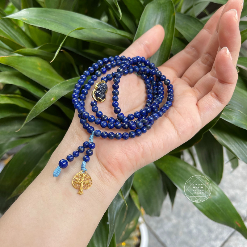 Chuỗi đá Lapis Lazuli mix Tỳ Hưu Sapphie xanh - Vàng tây