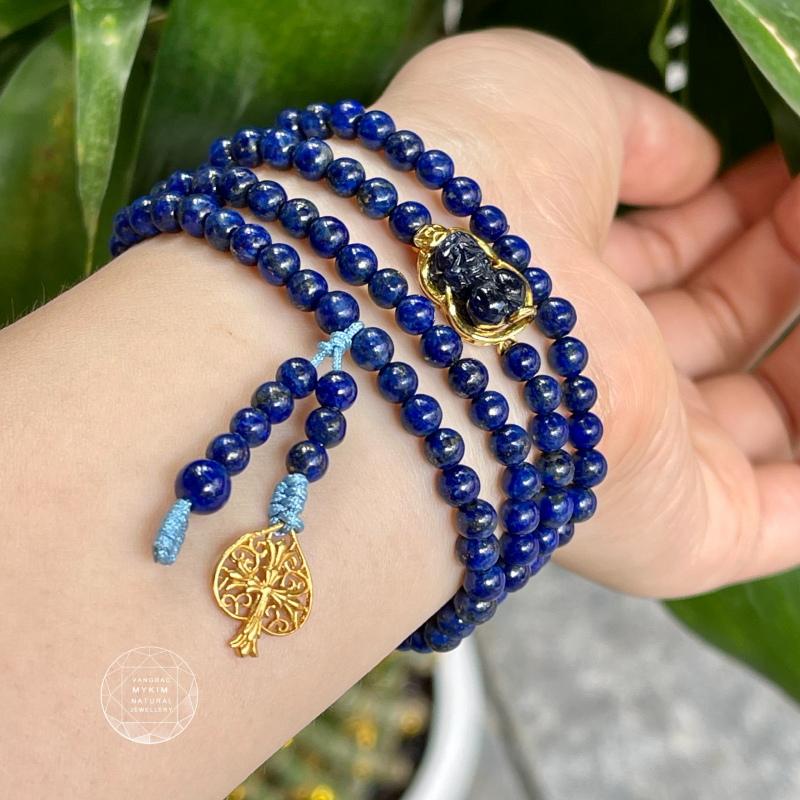 Chuỗi đá Lapis Lazuli mix Tỳ Hưu Sapphie xanh - Vàng tây