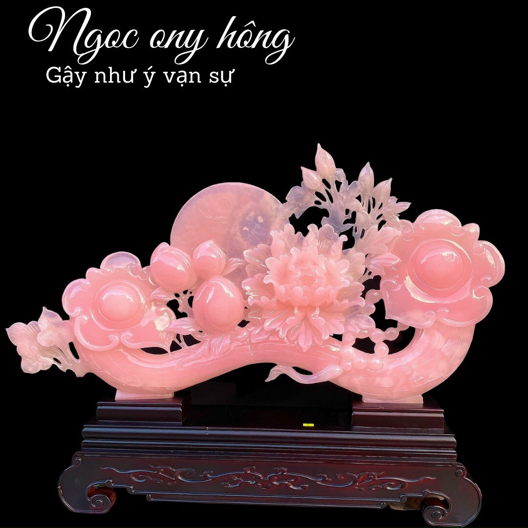 Gậy Như Ý - Hoa Mẫu Đơn - Ngọc Onyx Hồng
