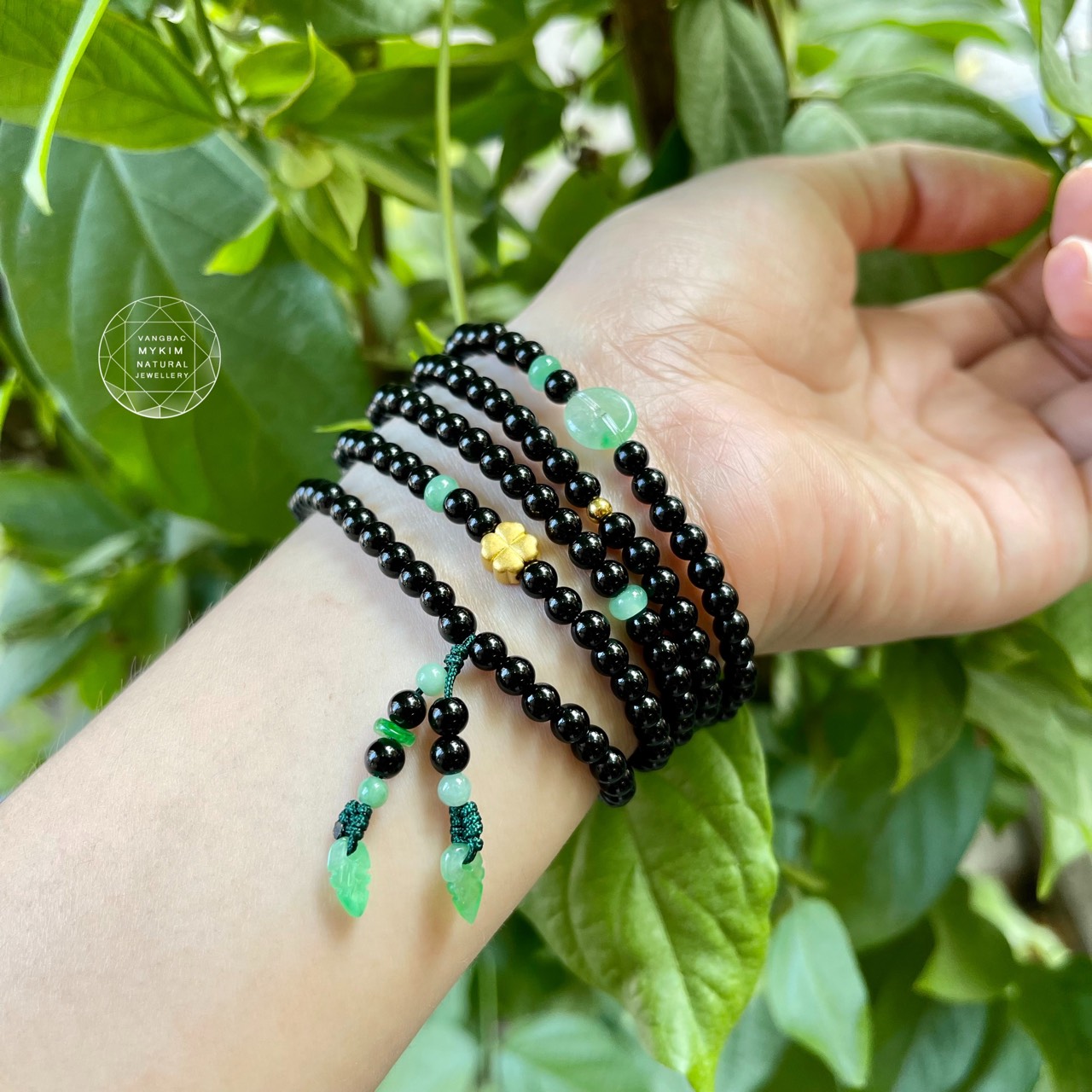 Chuỗi vòng đá Mã Não đen kết Ngọc Phỉ Thúy - PK Vàng