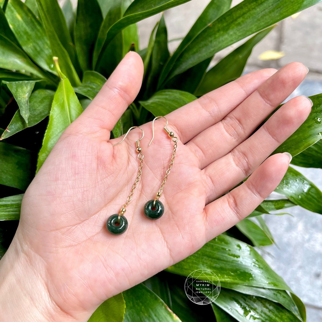 Bông tai Đồng điếu Ngọc Phỉ Thúy Du Thanh (Jadeite) dáng dài - Bạc Mạ Vàng