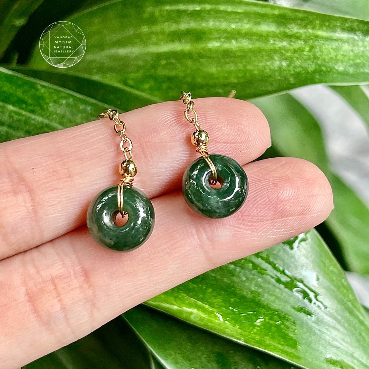 Bông tai Đồng điếu Ngọc Phỉ Thúy Du Thanh (Jadeite) dáng dài - Bạc Mạ Vàng