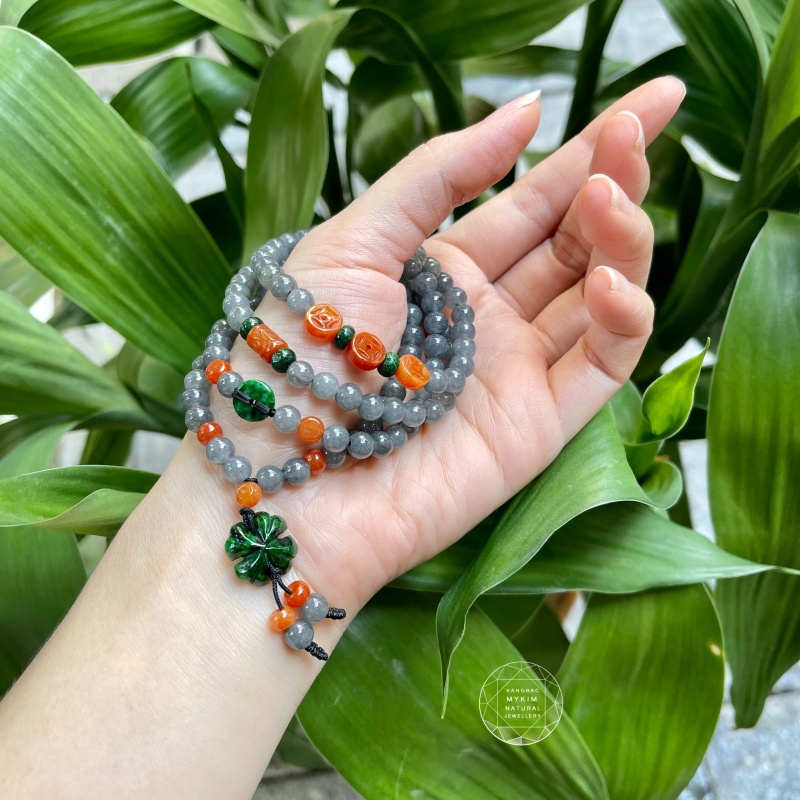 Vòng Ngọc Phỉ Thúy - Jadeite - xám khói mix Kim tiền cam hoàng huyết