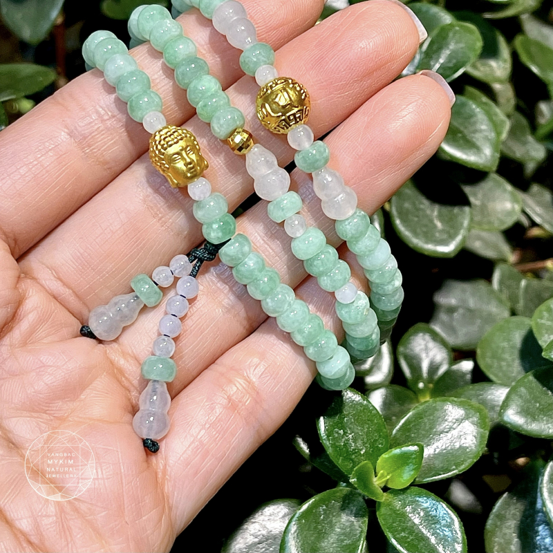 Chuỗi Ngọc Phỉ Thúy (Jadeite) Xanh Bạc Hà - Charm Phật Adida - Ummani Vàng 