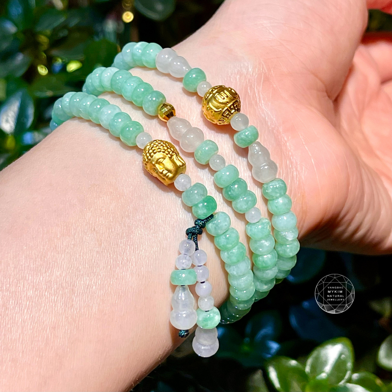 Chuỗi Ngọc Phỉ Thúy (Jadeite) Xanh Bạc Hà - Charm Phật Adida - Ummani Vàng 