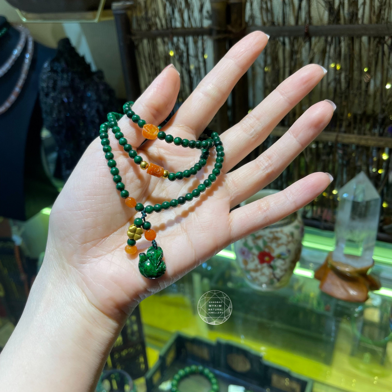 Chuỗi Vòng Đá Sơn Thủy mix Ngọc Phỉ Thúy - Hồ Ly - kết vàng 
