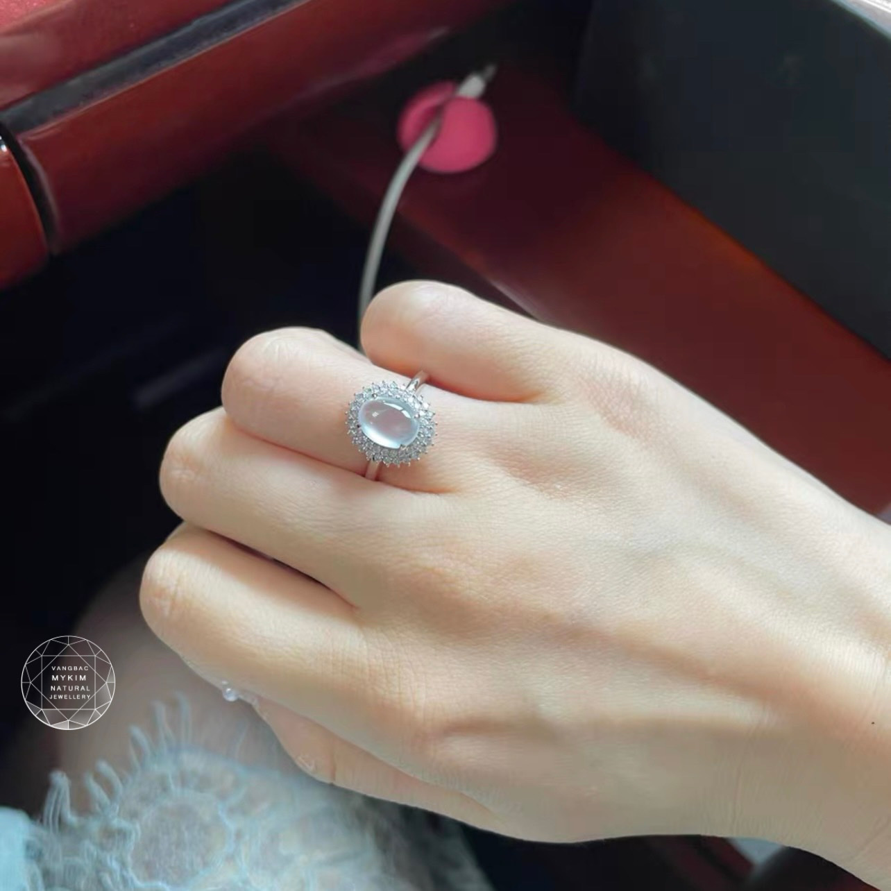 Nhẫn Băng Ngọc Phỉ Thúy đính kim cương - Vàng trắng 14k - 18k