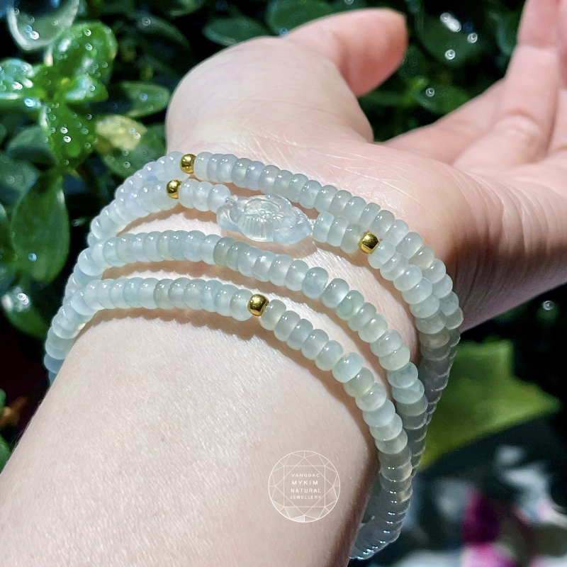 Chuỗi 4 Vòng Băng Trắng Xanh - Ngọc Phỉ Thúy Jadeite - mix Vàng 