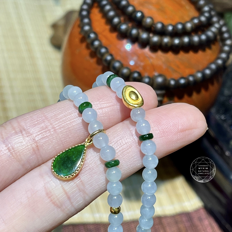Chuỗi Vòng Ngọc Phỉ Thúy (Jadeite) Màu Băng Trắng Xanh - MIx Vàng 