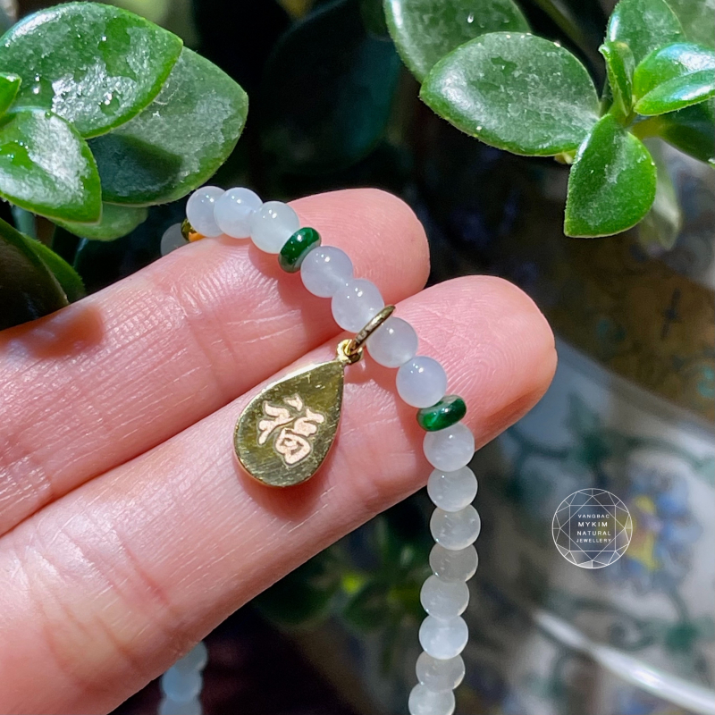 Chuỗi Vòng Ngọc Phỉ Thúy (Jadeite) Màu Băng Trắng Xanh - MIx Vàng 
