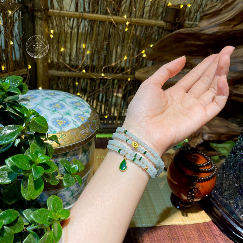 Chuỗi Vòng Ngọc Phỉ Thúy (Jadeite) Màu Băng Trắng Xanh - MIx Vàng 24k