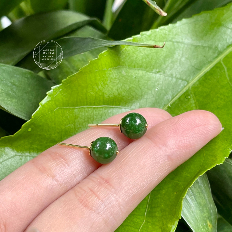 🌿 Bông Tai Nụ 7mm Ngọc Bích Nephrite • Vàng 10k | 14k | 18k • Trang Sức Phong Thủy Tài Lộc & Bình An