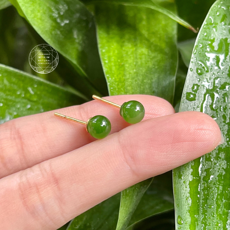 🌿 Bông Tai Nụ 6mm Ngọc Bích Nephrite • Vàng 10k | 14k | 18k • Trang Sức Phong Thủy Tài Lộc & Bình An