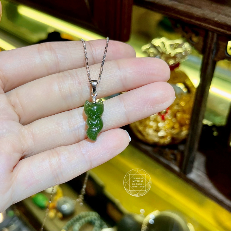 🦊 Mặt Dây Hồ Ly Ngọc Bích Nephrite • Móc Vàng Trắng 14k • Trang Sức Tài Lộc & Tình Duyên