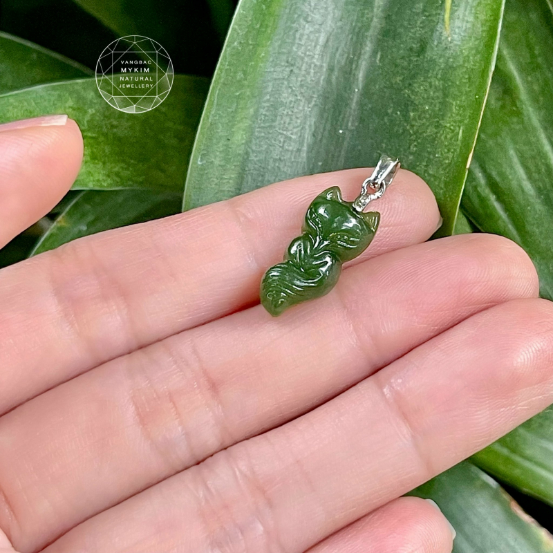🦊 Mặt Dây Hồ Ly Ngọc Bích Nephrite • Móc Vàng Trắng 14k • Trang Sức Tài Lộc & Tình Duyên