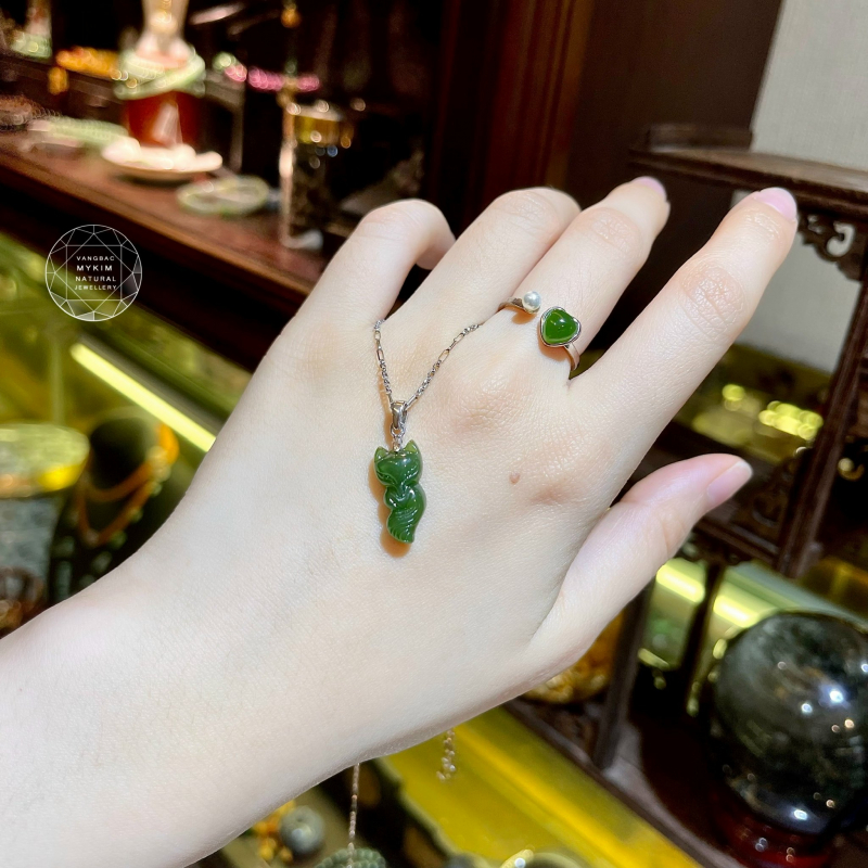 🦊 Mặt Dây Hồ Ly Ngọc Bích Nephrite • Móc Vàng Trắng 14k • Trang Sức Tài Lộc & Tình Duyên