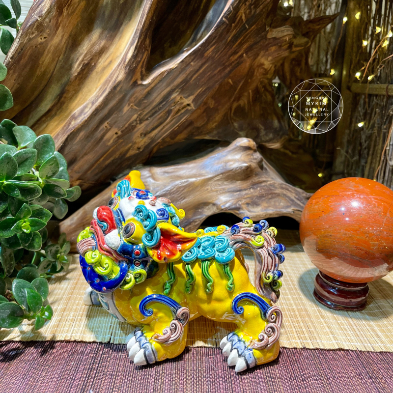 🐉 Kỳ Lân Vàng Đeo Kiềng Xanh – Gốm Sứ Men Rạn Đài Loan | Linh Vật Cát Tường Đem Bình An Vào Nhà