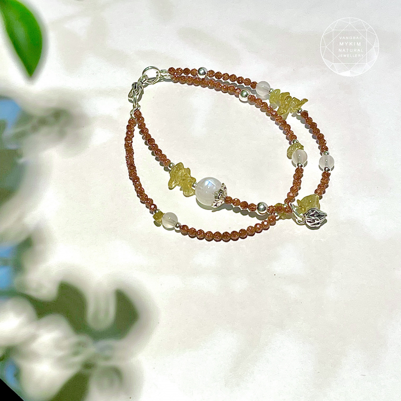 Lắc tay đôi Tourmaline & Đá Mặt Trăng - Đá Kim Sa mix Bạc 925 cao cấp