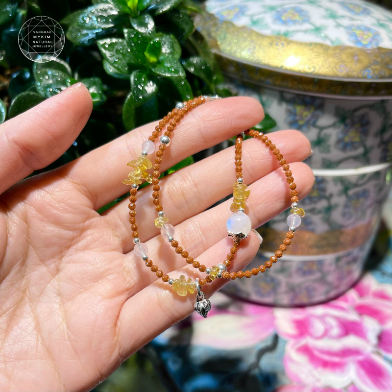 Lắc tay đôi Tourmaline & Đá Mặt Trăng - Đá Kim Sa mix Bạc 925 cao cấp