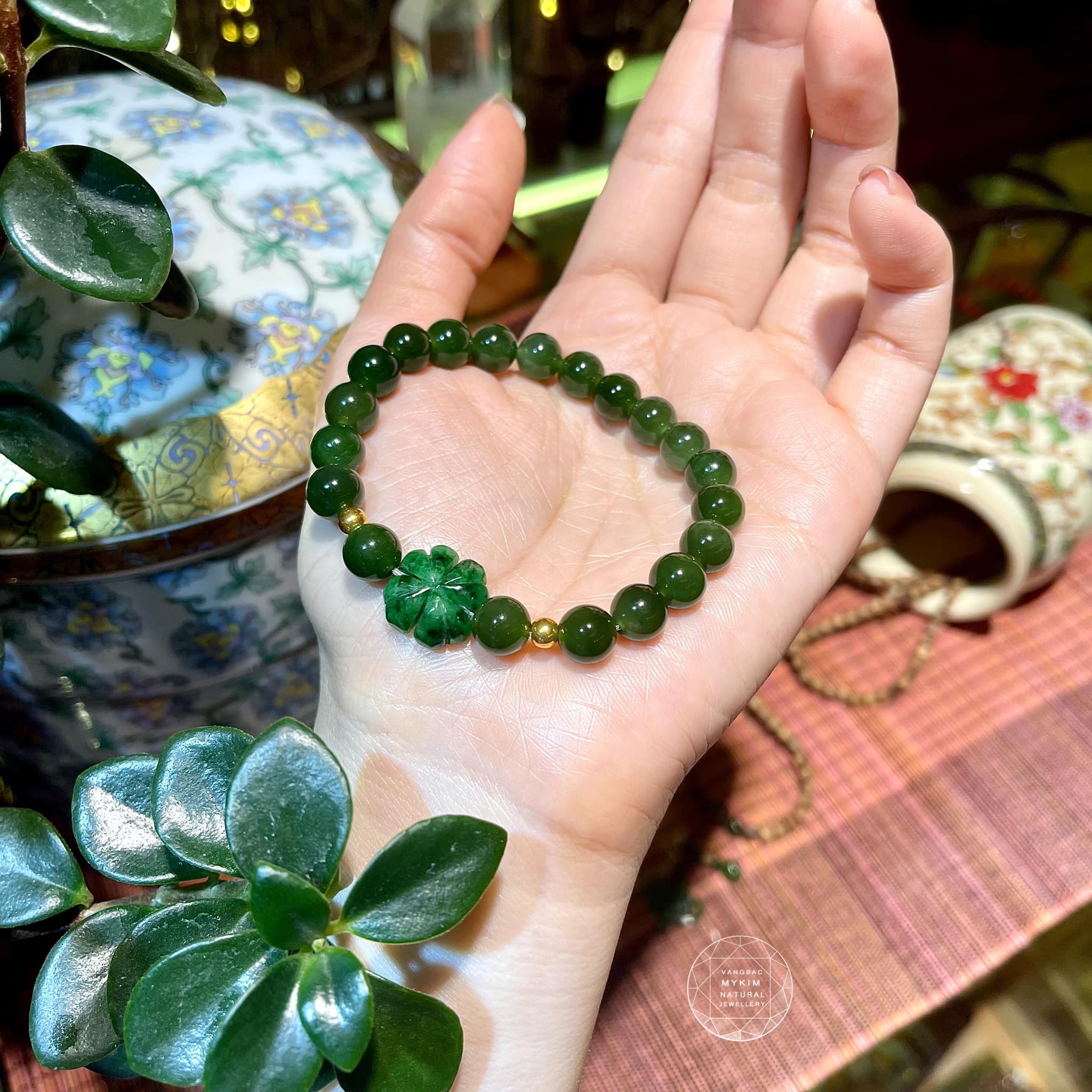 Vòng Ngọc Bích Nephrite mix Ngọc Phỉ Thúy Hoa Bốn Lá - Vàng 24k