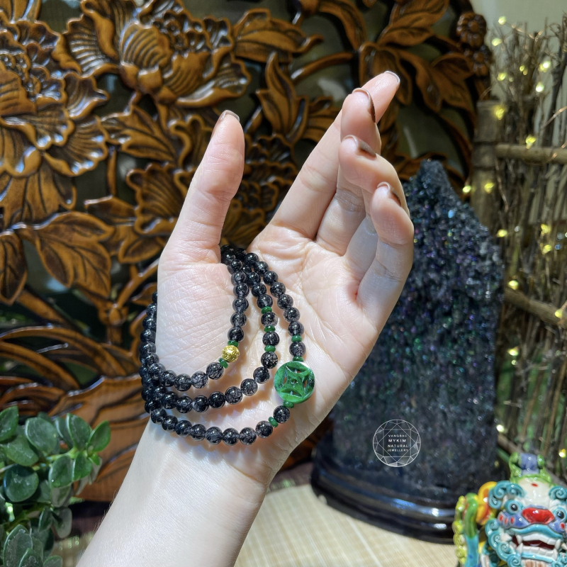 Chuỗi Vòng Thạch Anh Tóc Đen mix Ngọc Phỉ Thúy Jadeite - PK Vàng 