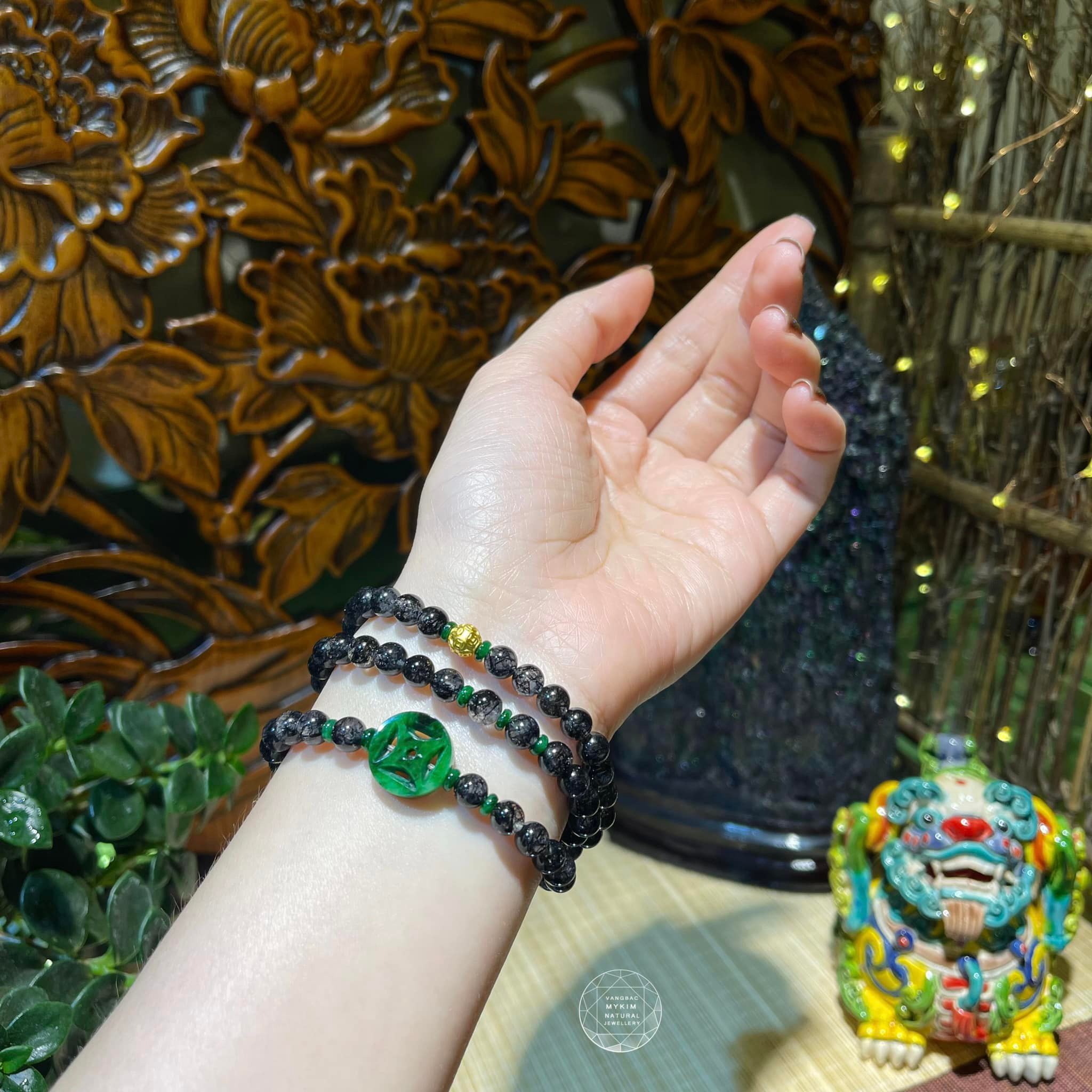 Chuỗi Vòng Thạch Anh Tóc Đen mix Ngọc Phỉ Thúy Jadeite - PK Vàng 