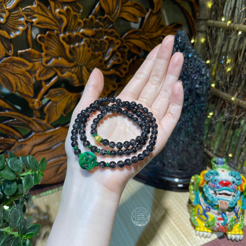 Chuỗi Vòng Thạch Anh Tóc Đen mix Ngọc Phỉ Thúy Jadeite - PK Vàng 