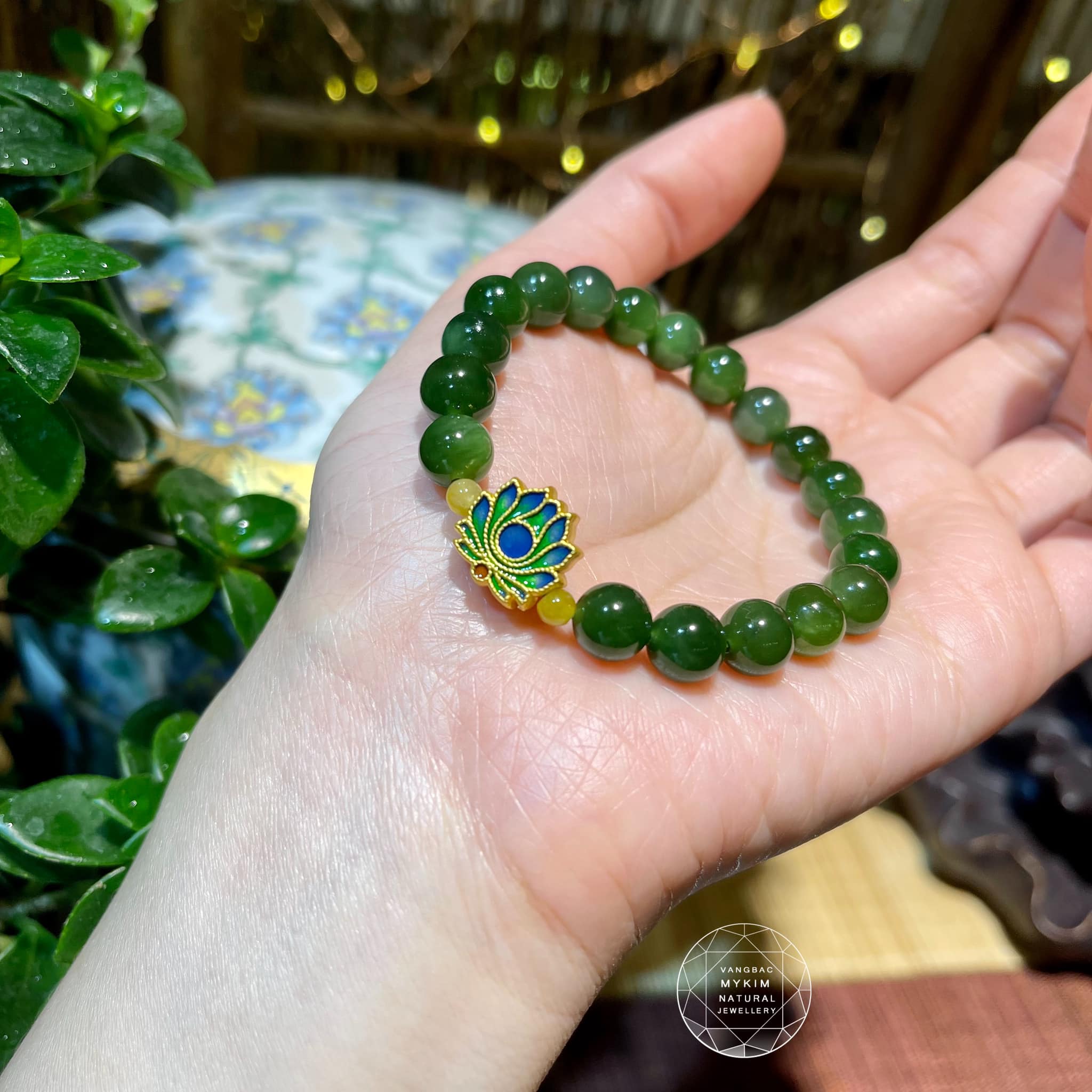 🌿 Vòng Ngọc Bích Nephrite Mix Ngọc Phỉ Thúy • Charm Hoa Sen Vàng • Tài Lộc & Bình An