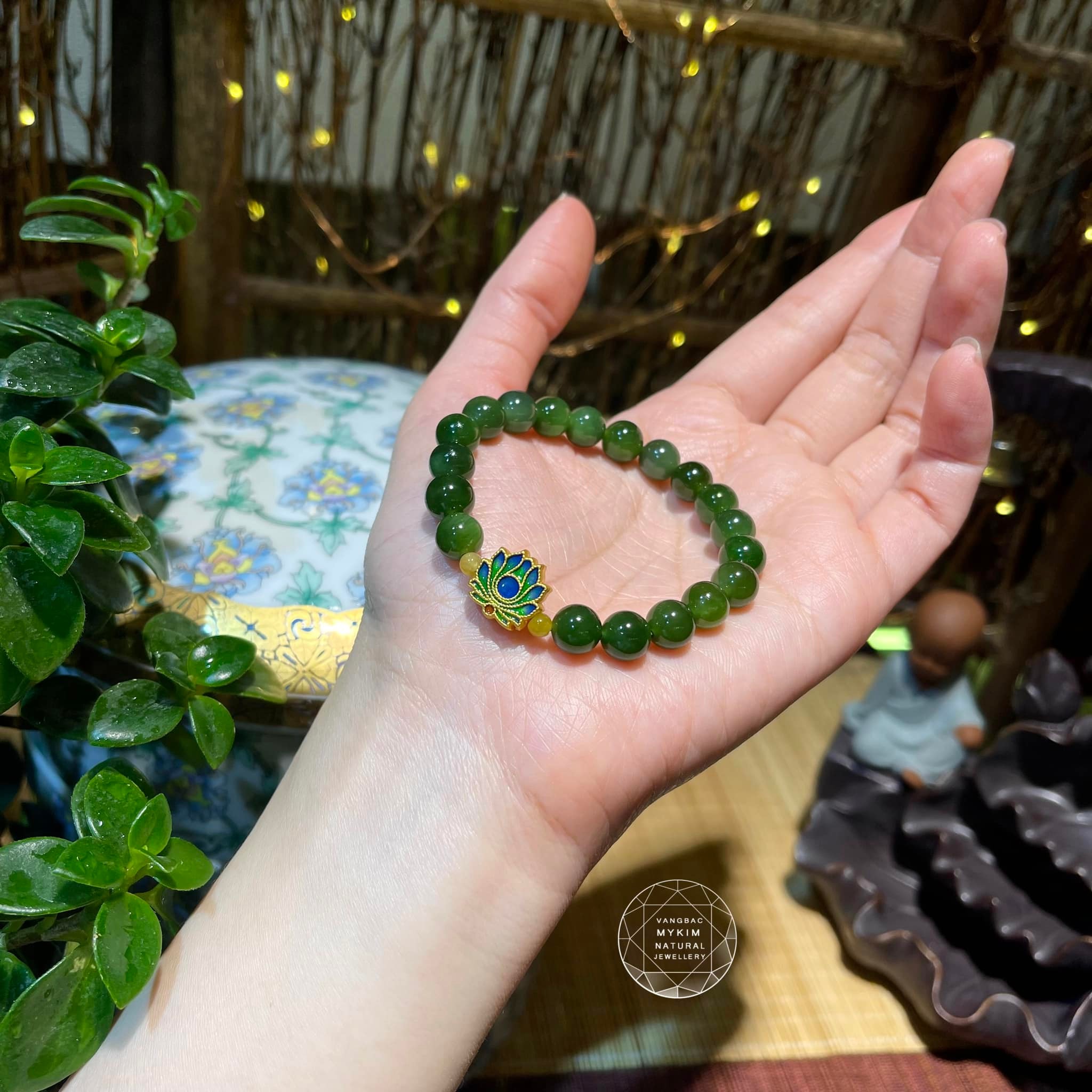 🌿 Vòng Ngọc Bích Nephrite Mix Ngọc Phỉ Thúy • Charm Hoa Sen Vàng • Tài Lộc & Bình An