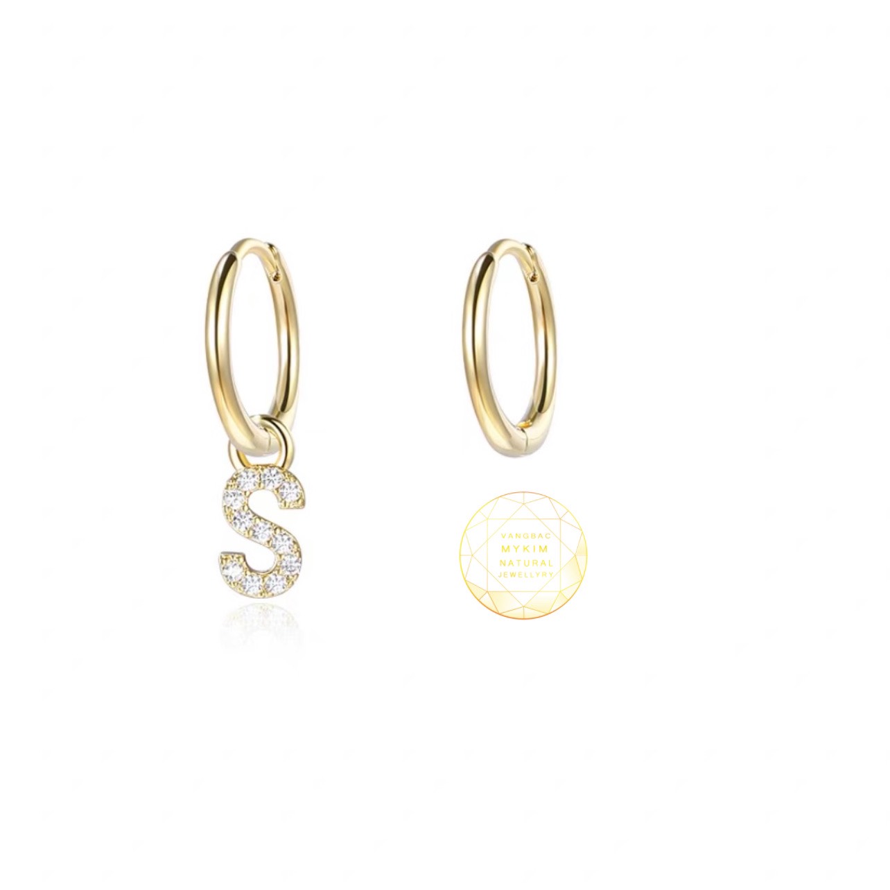 Bông Tai Tròn - Charm chữ treo - Vàng 14k