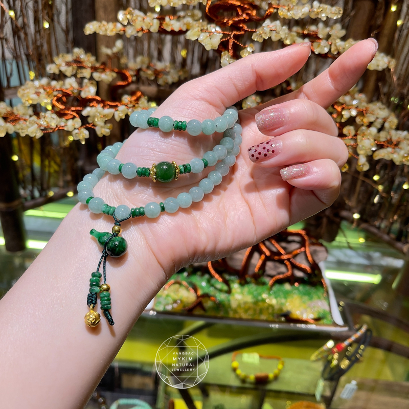 Chuỗi Vòng Ngọc Phỉ Thúy Hồ Lô (Jadeite) - Mix Vàng