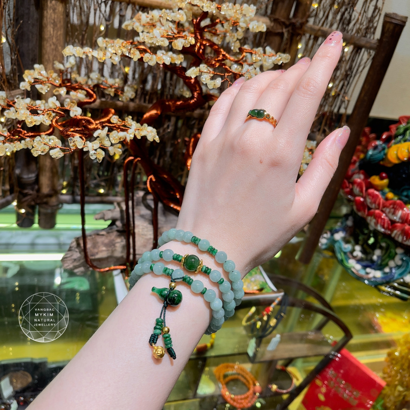 Chuỗi Vòng Ngọc Phỉ Thúy Hồ Lô (Jadeite) - Mix Vàng