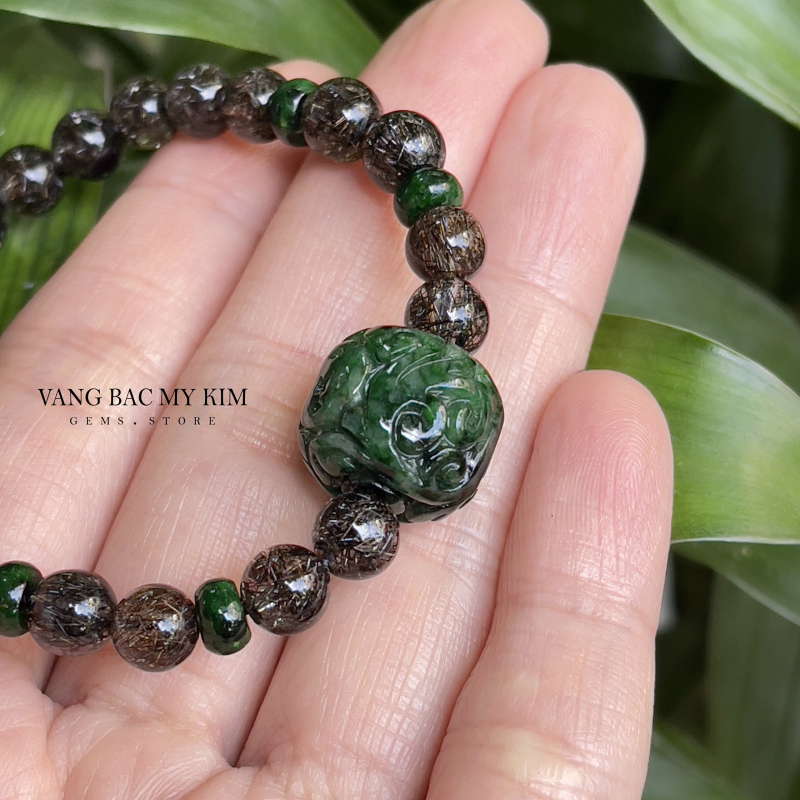 Vòng Thạch Anh Tóc Đen Ánh Kim - mix Ngọc Phỉ Thúy Jadeite điêu khắc