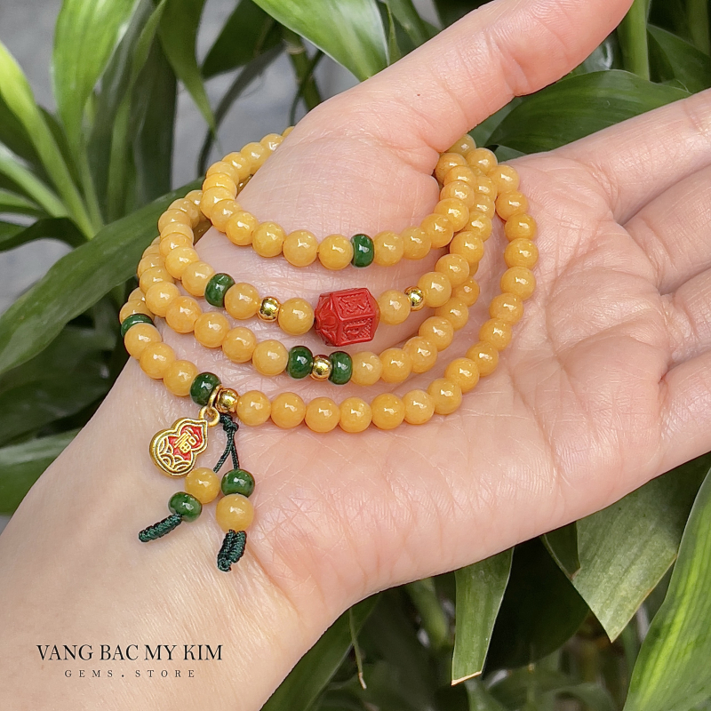 Chuỗi Vòng Hồng Phỉ Thúy Jadeite - mix Hồ Lô Vàng - Vip