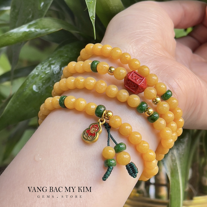 Chuỗi Vòng Hồng Phỉ Thúy Jadeite - mix Hồ Lô Vàng - Vip