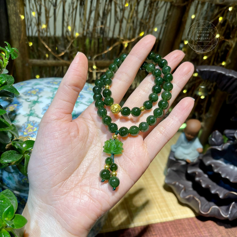 🌿 Vòng Ngọc Bích Nephrite VIP • Charm Hoa Sen • Mix Vàng • Trang Sức Phong Thủy Tài Lộc & Bình An