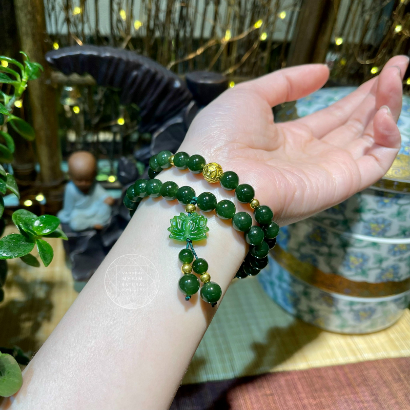 🌿 Vòng Ngọc Bích Nephrite VIP • Charm Hoa Sen • Mix Vàng • Trang Sức Phong Thủy Tài Lộc & Bình An