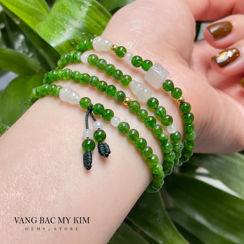Chuỗi Vòng Đá Diopside mix Ngọc Phỉ Thúy - Mix Vàng 