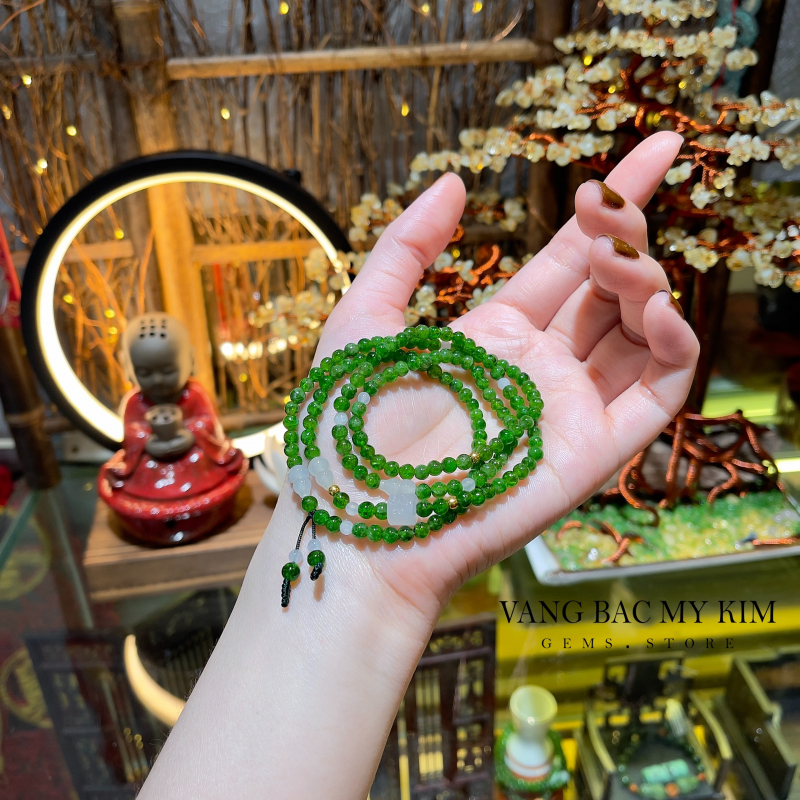 💚 Vòng Tay Đá Diopside Mix Băng Ngọc Phỉ Thúy – Bi Vàng & Charm Ngọc Chạm Khắc | Vạn Sự Hanh Thông