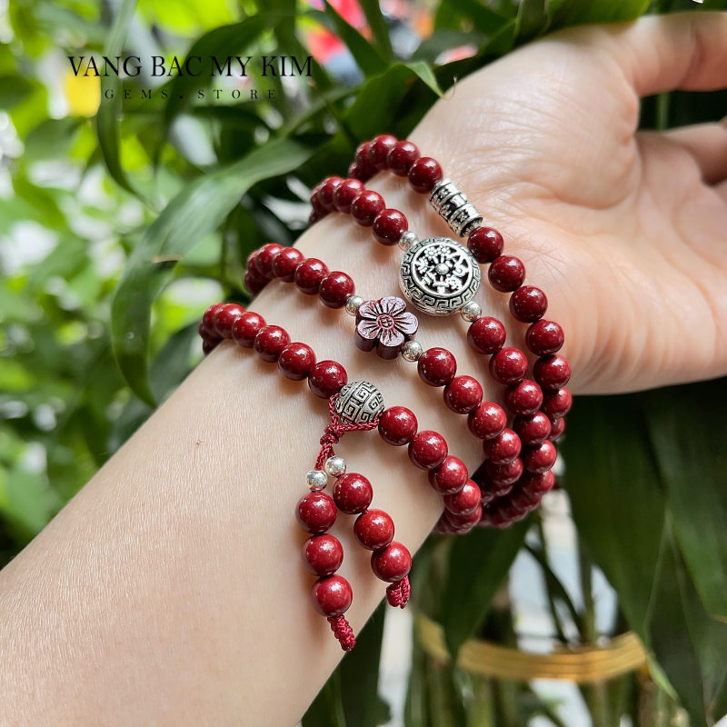 Chuỗi 108 Hạt Chusa Đỏ Sẫm VIP – 4 Vòng Quấn Mix Charm Bạc 925 - Bình An, May Mắn