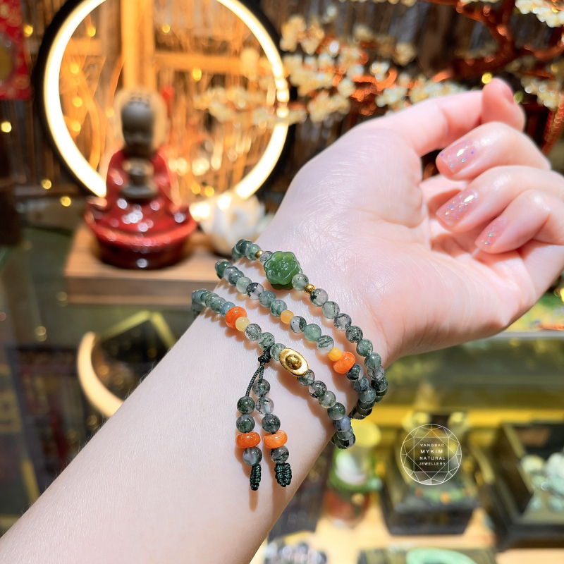 🌟 Vòng Tay Mã Não Ưu Linh • Mix Ngọc Jadeite & Ngọc Bích Nephrite • Charm Vàng • Trang Sức Phong Thủy Tài Lộc & Bình An