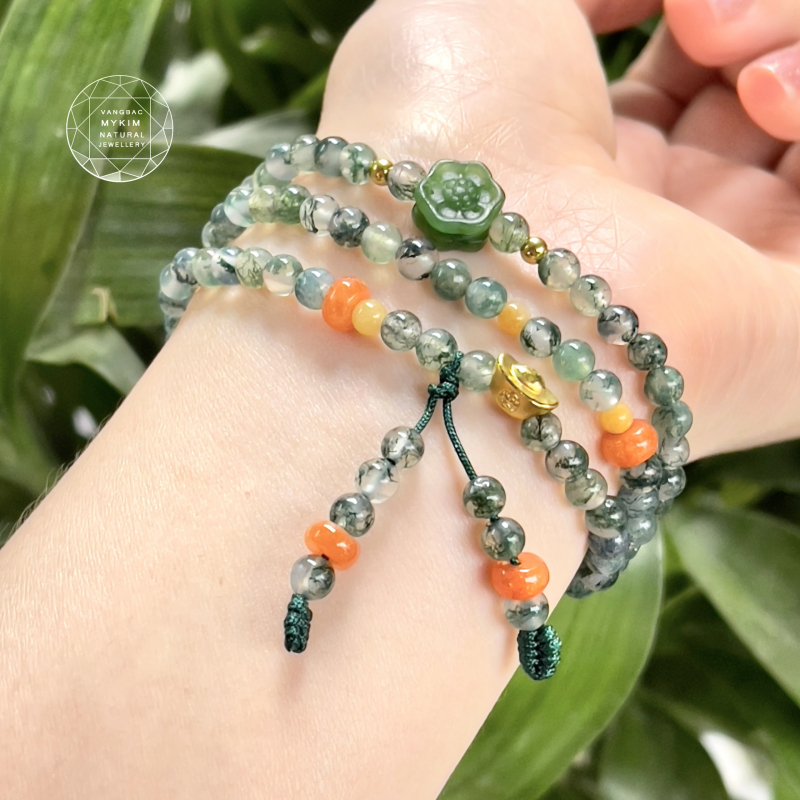Chuỗi Vòng Mã Não Ưu Linh kết Ngọc Jadeite - Ngọc Bích NEPHRITE - Vàng 24k
