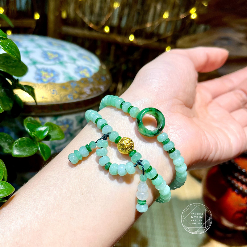 Chuỗi Vòng Ngọc Phỉ Thúy Jadeite Xanh Bạc Hà - Charm Vàng 