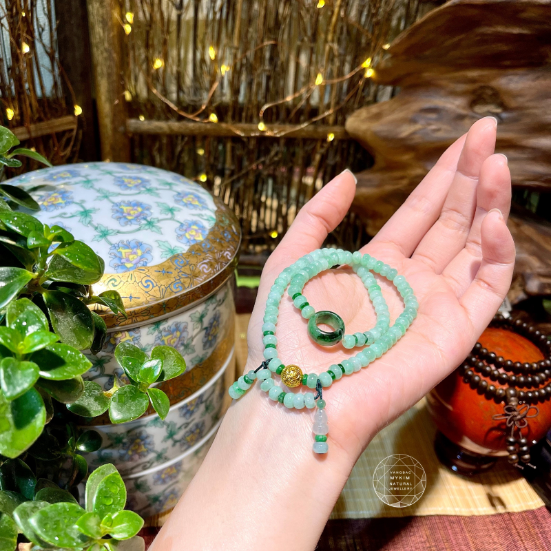 Chuỗi Vòng Ngọc Phỉ Thúy Jadeite Xanh Bạc Hà - Charm Vàng 24k 9999