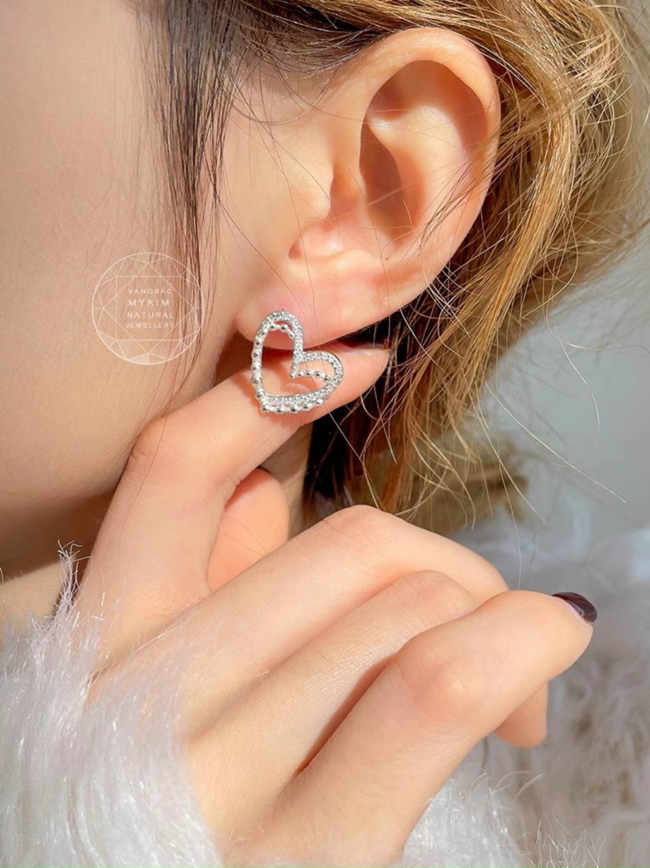 Bông Tai Trái Tim Bạc Si Vàng Trắng 18k