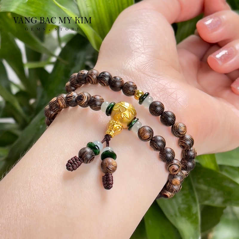 Vòng Trầm Hương Indo mix Ngọc Phỉ Thúy - Charm Hồ Lô  Vàng 