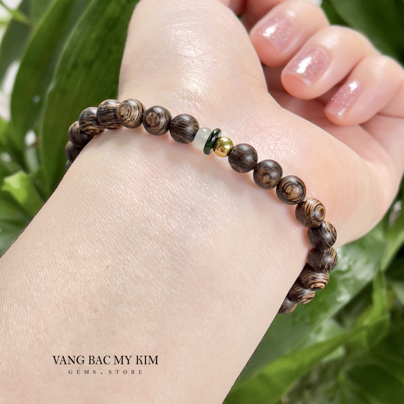 Vòng Trầm Hương Indo mix Ngọc Phỉ Thúy - Charm Hồ Lô  Vàng 