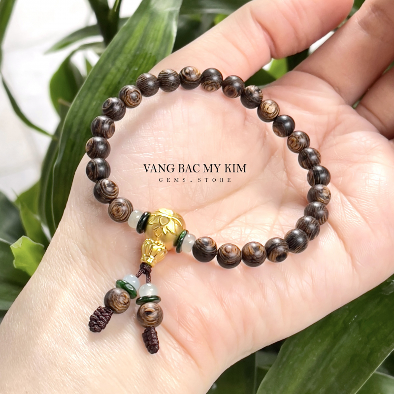 Vòng Trầm Hương Indo mix Ngọc Phỉ Thúy - Charm Hồ Lô  Vàng 